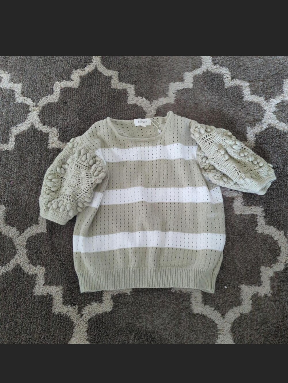 BOHME Taupe & White Striped Crochet Puff Sleeve Sweater NWOT.